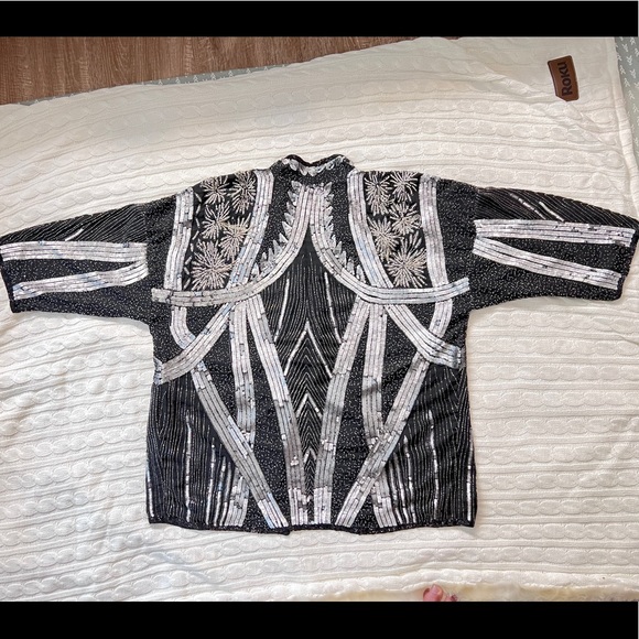 Vintage handmade Silver Beaded Sequined Duster Coat Long Jacket - Picture 11 of 16